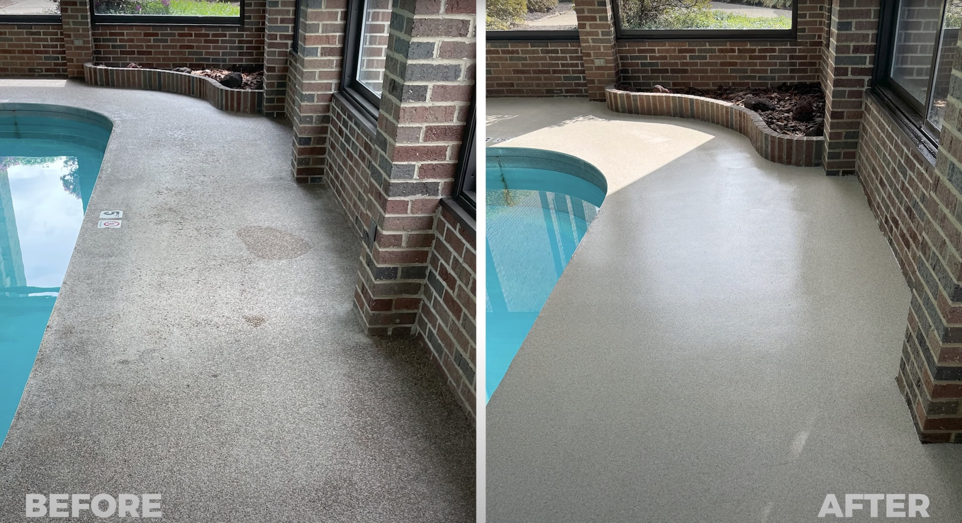 Concrete resurfacing and repair services in Dover, NH Before and after concrete resurfacing showing transformation of pool deck surface